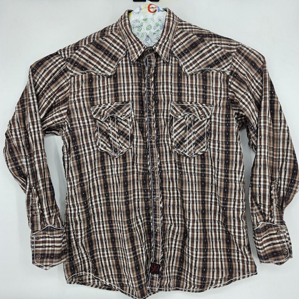 Panhandle Slim Shirt Mens XL Brown Plaid Western Pearl‎ Snap Cross Embroidered